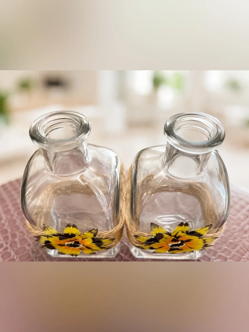 Set of 2 Rustic Glass Bottle Vases 7” Metal Flower Jute Twine Farmhouse Decor